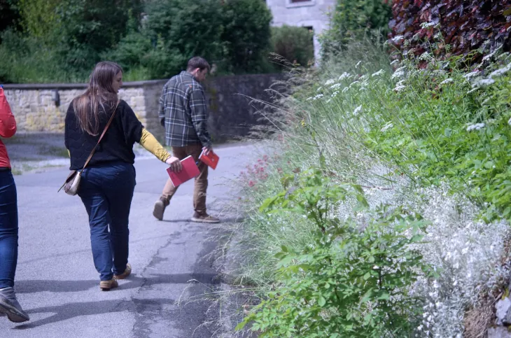 Photo groupe r&eacute;alisant un inventaire dans une rue de Modave